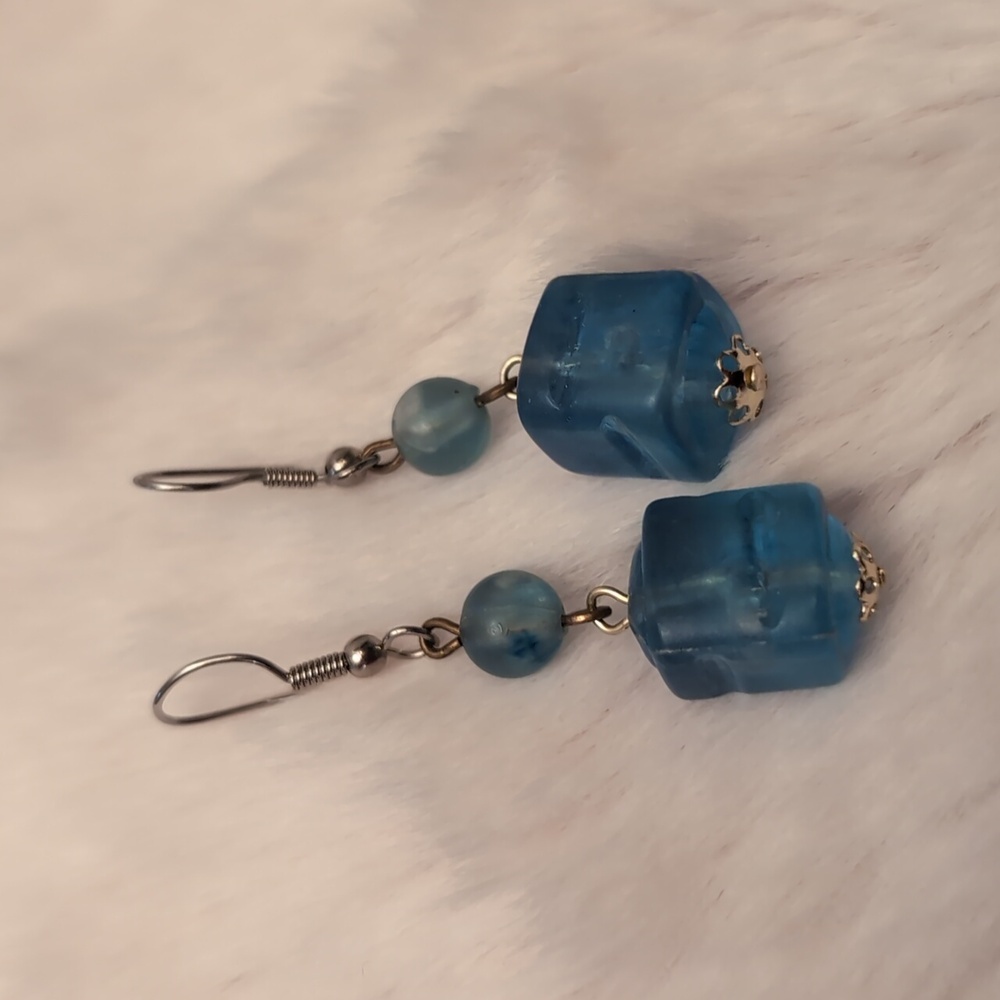 Silver Toned Blue Ice Cube Like Drop Hook Earrings